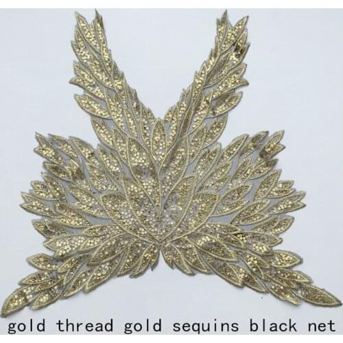 1Pc Gold thread Black Net Polyester Embroidered Lace Flower Wedding Dress Back Diy Flower Lace Applique Fabrics Material BD0008