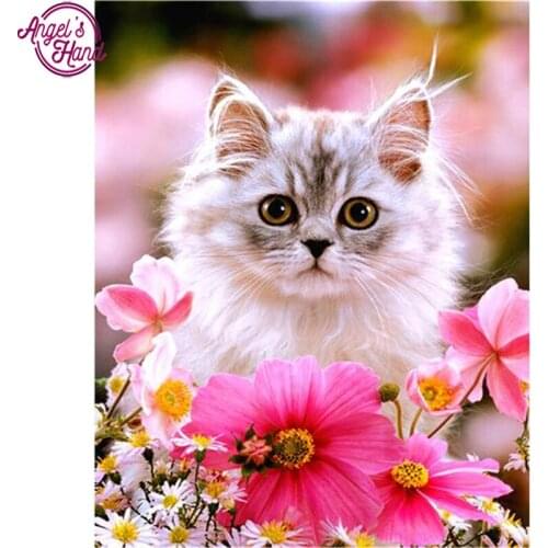Cat and Flower Diamond Painting Embroidery with Crystal Animals Diamond Cross Stitch Square Picture of Rhinestones Decor