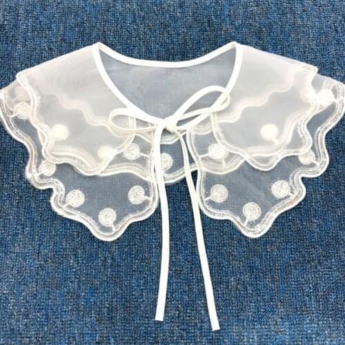 Women Lolita Decorative Fake Collar Lace Shawl Capelet Hollow Embroidery Layered Dickey Self-Tie Ribbon Mesh Necklace