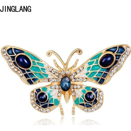 JINGLANG Gold Color Animal Metal Brooches Pins Blue Enamel Rhinestone Butterfly Brooches For Women Clothes Decoration Jewelry