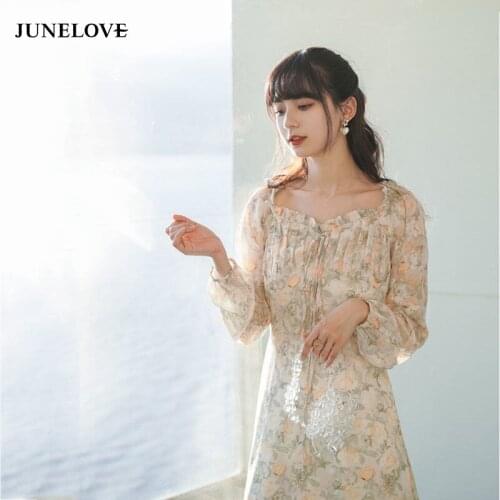 JuneLove Summer Square Collar Elegant Party Dress Women Print Casual Floral Midi Dress Vintage Female Beach Boho Dress Korean