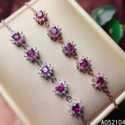 KJJEAXCMY fine jewelry 925 sterling silver inlaid natural pyrope garnet Womens elegant flower round gem bracelet support detect