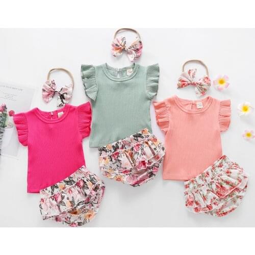 3Pcs Baby Summer Clothing Baby Girls Floral Outfits Rubbed Bodysuit Shorts Headband Lovely Infant Girls