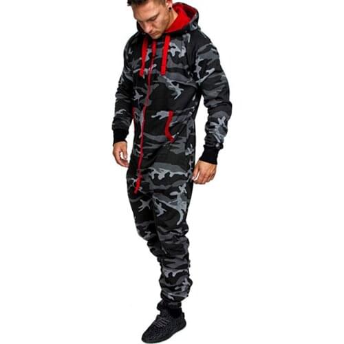 Mens Jumpsuit One Piece Sets New Hot Sale Mens Hooded Fleece Jumpsuit Men Camouflage Print Personality Casual Suit Men