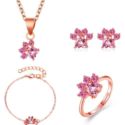 Hot Sale Elegant Luxurious Engagement Party Jewelry Set For Women Cute Cartoon Cat Paw Crystal Design Female Wedding Jewelry
