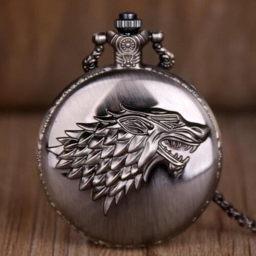 Top Brand Bronze Direwolf Pattern Symbol Vintage Pocket Watch Necklace Quartz Pocket Watches for Men Women TD2081