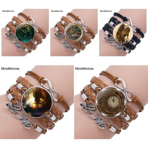 Mendittorosa Steampunk Personality Clock Glass Cabochon Multilayer Black/Brown Leather Bracelet Bangle Jewelry For Women