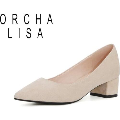 Fashion Women Low Heel Pumps Pointed Toe 4cm square heels Faux Suade Causal work Shoes summer spring footwear big size31-43