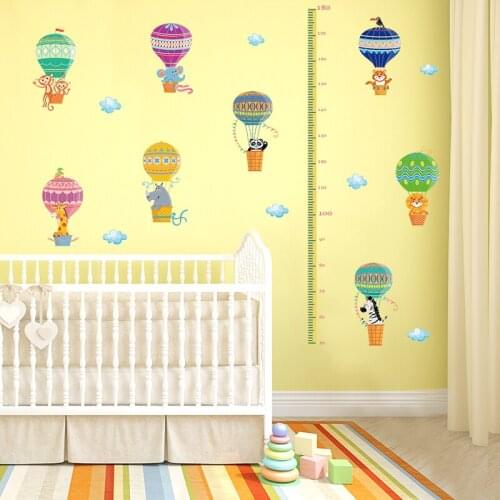 Cartoon Animal Hot Air Balloon Height Measure Ruler Wall Stickers for Nursery Kids Room Decor Removable Vinyl Mural art Decals