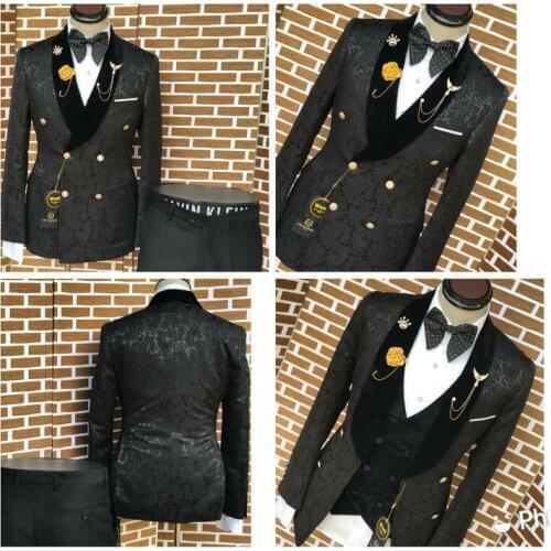 Mens Wedding Suits 2021 Custom Made Formal Tuxedo Black Jacquard Smoking Jacket Vest Pants 3 Piece Groom Party Suits For Men