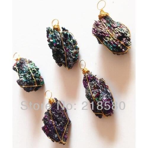H-DP86 Raw Rainbow Crystal Druzy Pendant 24K Gold or Sliver Wire Wrapped Peacock Crystal Quartz Pendant 30-55mm Long