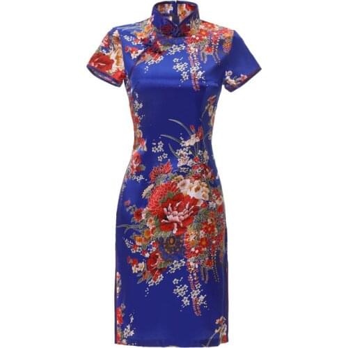 New Arrival Blue Chinese Womens Silk Rayou Halter Cheongsam Mini Qipao Dress Peafowl Size S M L XL XXL Free Shipping