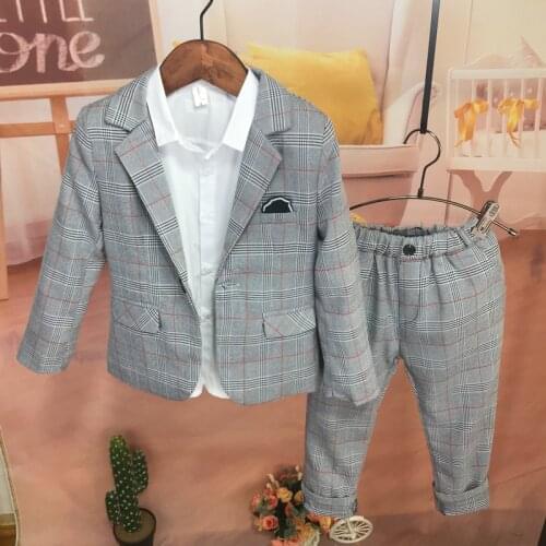 New Korea Boys Red Stripe Blazer Jacket +Pants 2Pcs Clothing Set Gentleman Kids Formal Wedding Suit Children Performance Dress