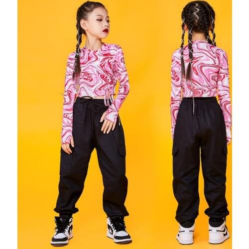 Girls Hip Hop Dance Clothes Pink Long Sleeve Tops Black Pants Sport Wear Modern Street Jazz Dancing Performance Cosutme DNV15150