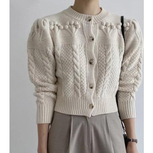 2021 Autumn Winter Elegant Knitted Korean 3D Twisted Balls Sweater Coat Chic Puff Sleeve O-neck Knitwear Cardigan