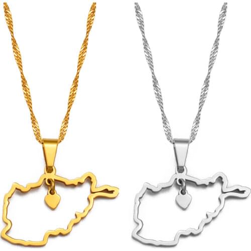 Anniyo Afghanistan Map With Heart Pendant Necklaces for Women Girls,Afghan Maps Jewelry #237121