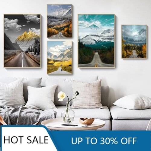 Nature Scenery Nordic Wall Art Canvas Painting Posters Prints Mountain Forest Road Landscape for Aesthetic Home Decoration