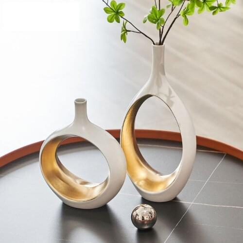 Simple Creative Oval Ceramic Platinum Hollow Narrow Mouth Vase Wedding Gift Living Room Desktop Decoration Porcelain Ornaments