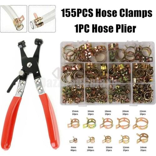 155PCS 6-22mm Car & Truck Spring Clips Fuel Oil Water Hose Clip Pipe Tube Clamp Fastener Kit + 1PC Hose Plier