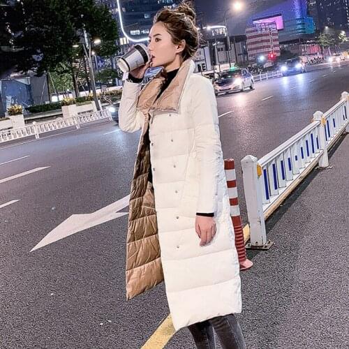 New 2020 Women Double Sided White Duck Down Jacket Winter Double Breasted Ultra Light Long Puffer Coat Female Warm Parka Outwear