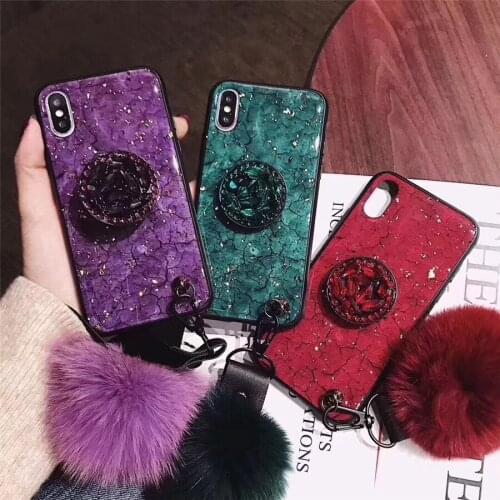 Luxury Gold Foil Bling Marble Case For iPhone X XS Max XR Diamond Plush Ball Lanyard Cover For iPhone7 8 6 6s Plus Cases Coque