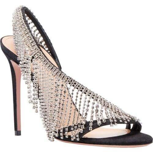 Crystal Fringed Sandals Woman Summer Thin High Heels Pumps Rhinestone Tassel Peep Toe High-heeled Shoes Women Slingbacks Sandals