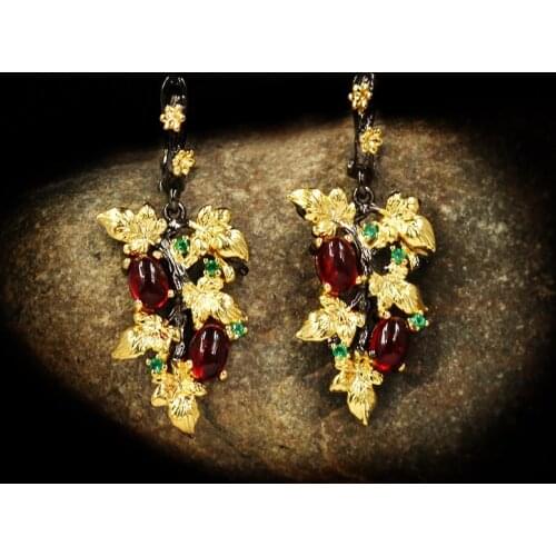 New Elegant Black Gold Ruby Pendant Flower Leaf 925 Silver Earrings Crystal Gemstone Ladies Jewelry Earrings Silver 925 Jewelry