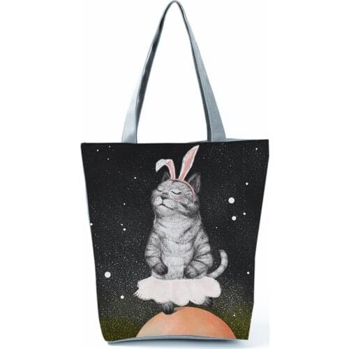 Starry Sky Cat Printed Handbags Reusable High Capacity Shopping Bag Cartoon Animal Black Women Outdoor Travel Beach Storage Tote