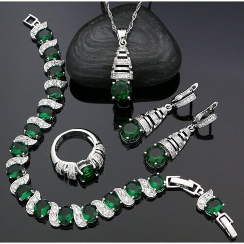 925 Sterling Silver Punk Jewelry Sets For Women Party Accessories Green Cubic Zirconia Earrings/Pendant/Necklace/Ring/Bracelet