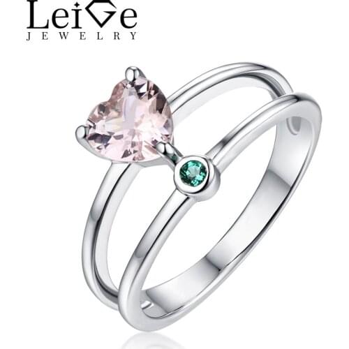 Leige Jewelry Pink Morganite Ring Silver Natural Gemstone Ring Heart Cut Wedding Engagement Ring for Women Anniversary Gift