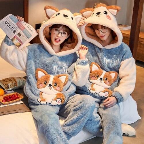 Winter Couple Pajamas Sets Women Men Thicken Sleepwear Cartoon Animal Dog Korean Lovers Pyjamas Nightwear Home Wear Warm Hoodies
