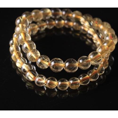 6-16mm Natural Genuine Yellow Gold Hair Needle Quartz Rutilated Finished Stretch Bracelet Round Jewelry beads