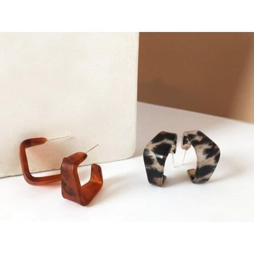 Square Pattern Leopard Print Bohemian Earrings Geometric Caramel Hoops