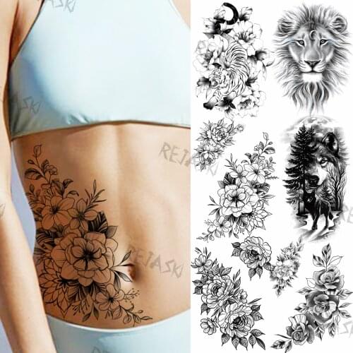 Black Rose Peony Temporary Tattoos For Women Girls Realistic Tiger Wolf Lion Flower Fake Tattoo Sticker Waist Back Tatoos
