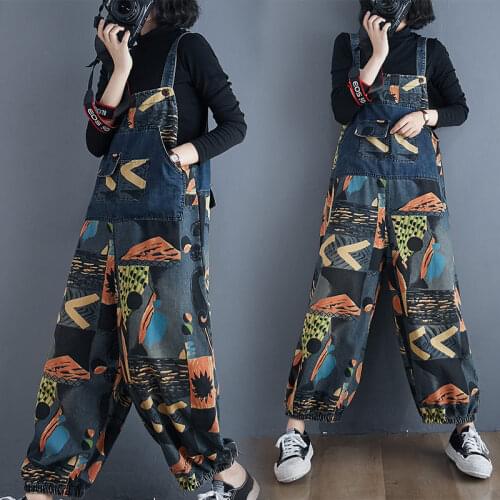 Denim Print Overalls Womens 2021 Spring Autumn Loose Suspenders Jumpsuit Wide-Leg Cropped Trousers Vintage Jeans Rompers zh824