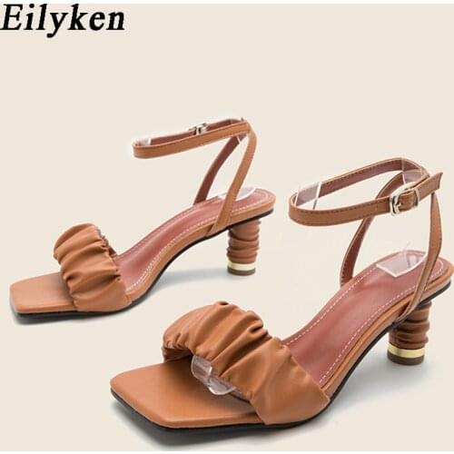 Eilyken 2021 New Summer Fashion Design Pleated Women Thin High Heel Ladies Pumps Open Toe Buckle Rome Sandals Dress Shoes