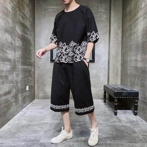 Men Chinese Print Clothing Set Japan Style Tops Kimono T-shirt Yukata Shorts Homme Japanese Tees Blouse Streetwear Asian Clothes