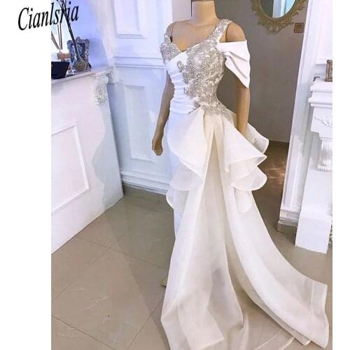 White Prom Jumpsuit with Crystal Detailing and Detachable Side Peplum Tail 2020 Off shoulder Mermaid Evening Gown Pant Suit