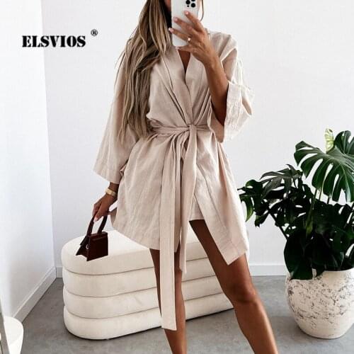 Summer Casual Solid Color Loose Long Sleeves Lace-up Fashion Shirt Dress Slim Cardigan V Neck Sexy Dresses Elegant Loose Vestido