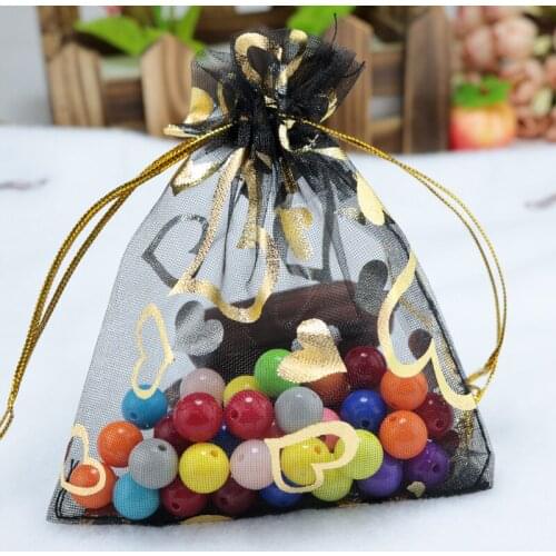 Wholesale 100pcs 13x18cm Heart Organza gift bags Black color Drawable Organza Bags Wedding Christmas Gift Bags free shipping