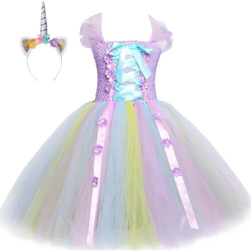 Lavender Pastel Flower Unicorn Tutu Dress Ankle-Length Girl Birthday Party Dress Princess Girl Kids Christmas Halloween Costume