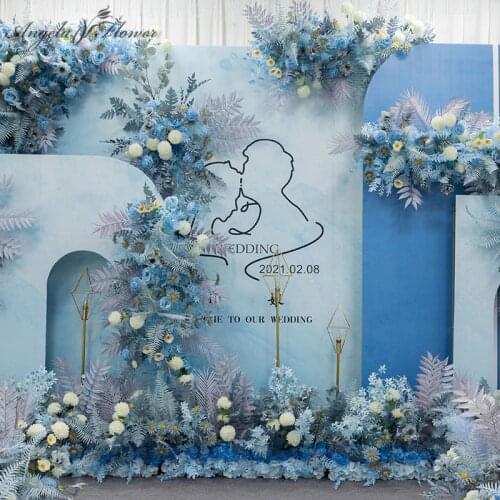 Customized Haze Blue Artificial Flower Row Arrangement Wedding Background Stage Decor Corner Flower Road Lead Table Flower Ball
