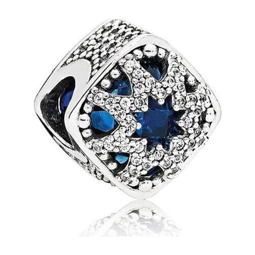 Genuine 925 Sterling Silver Charm Geometric Snowflake Glacial Beauty With Crystal Beads Fit pandora Bracelet & Necklace Jewelry