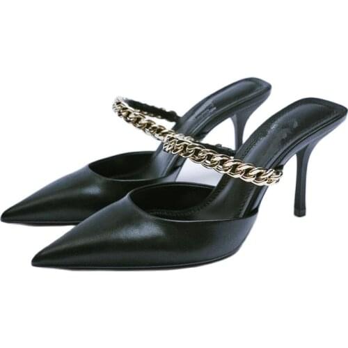 Baotou Sandals Womens Summer New Stiletto Pointed Toe Half-Drag Womens Shoes Black Chain Decorated High-Heeled Mules