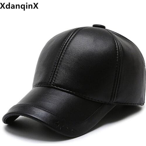 XdanqinX Winter Mens Warm Hat Thick Velvet Baseball Cap PU Leather Earmuff Hats New Windproof Ear Protection Casual Sports Caps