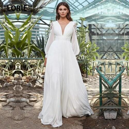 LORIE Boho Chiffon Wedding Dresses Beach Bridal Gowns with Long Sleeve Lace Appliques Elegant Princess Party Dresses with Lacing