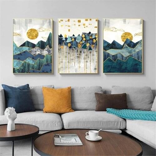 Nordic Abstract Geometric Mountains Landscape Canvas Painting Golden Sun Wall Art Posters Prints Wall Pictures for Home Decor