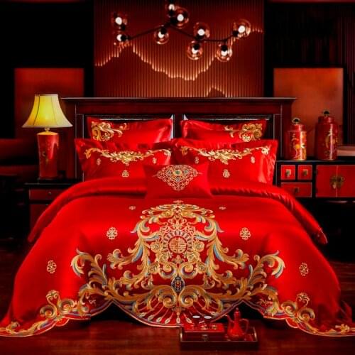 Oriental Chic Embroidery Duvet Cover 100%Cotton Red Weddding Luxury Bedding Set Cotton Flat Sheet/Bedspread Pillowcase 4/6/10Pcs