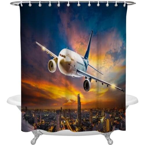 Plane Sunset City Night Sky Shower Curtain Waterproof Polyester Fabric Shower Curtains Home Decoration Curtain with Hook