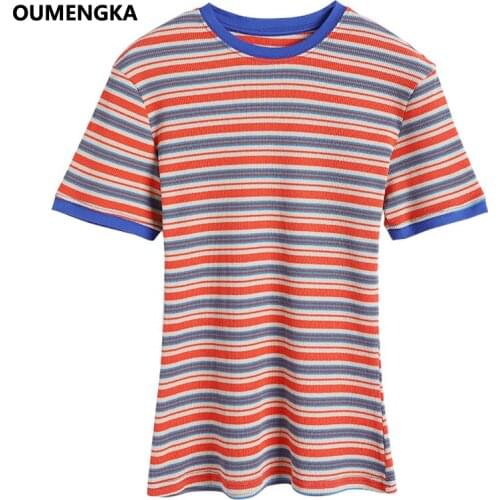 OUMENGKA New T Shirt Women Colorful Striped Tops Harajuku Tshirt Summer Short Sleeve Korean Cotton T-shirt camiseta feminina